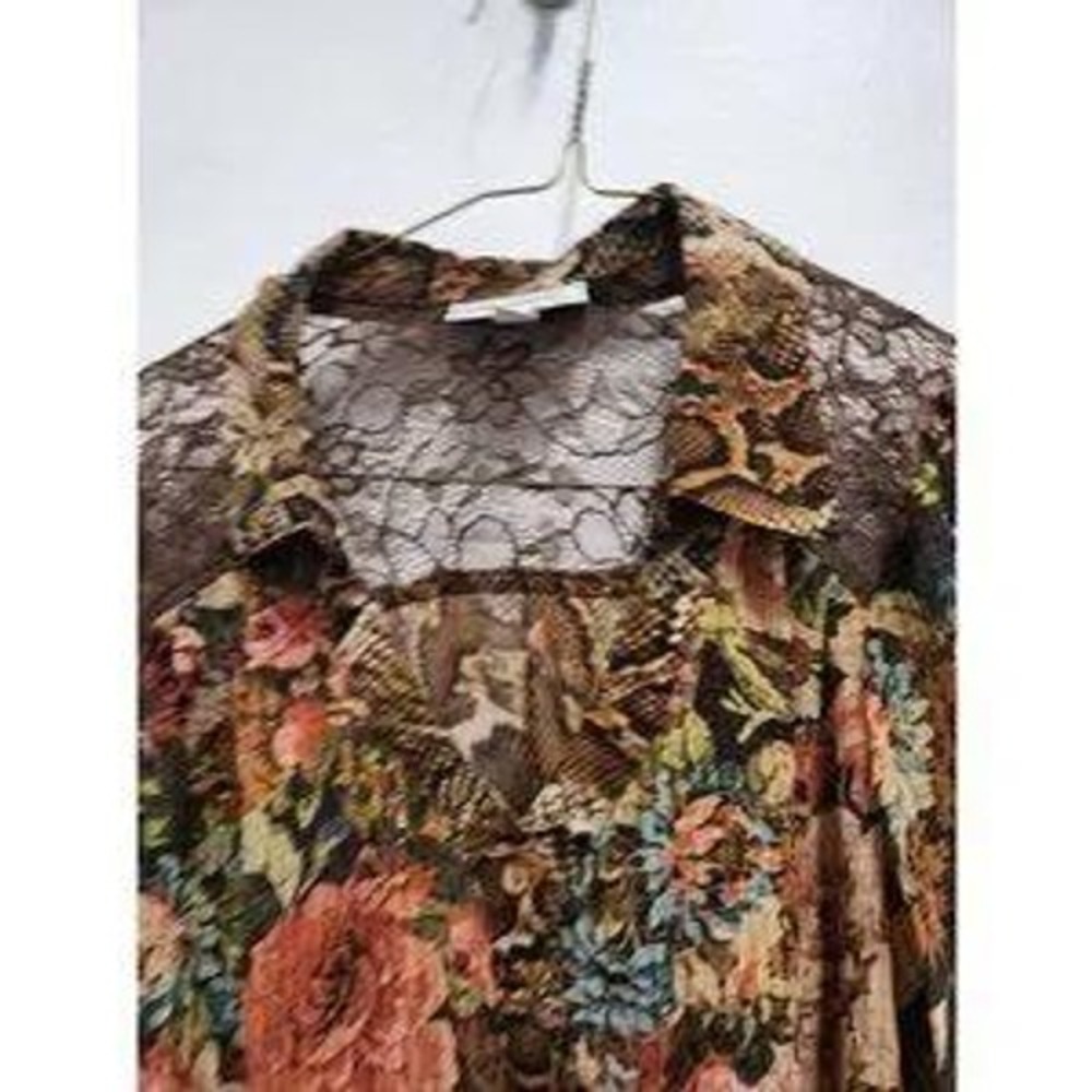 VTG Y2K Dressbarn BOHO Blouse Womens S Brown Floral Snakeskin Lace Trim Chiffon - Picture 2 of 9